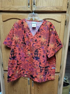 Unisex Scarey Orange & Black Halloween Medical Scrub by Cherokee + - Picture 1 of 9