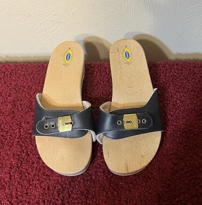EUC VINTAGE Dr Scholls Original Wooden Exercise Sandals Blue Sz 9 Made In Italy - Picture 1 of 17