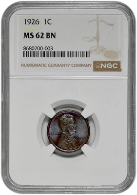 1926 1c Lincoln Wheat Cent NGC Graded MS 62 BN with Purple Toning - Image 1 of 2
