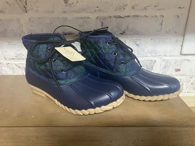 Botas de lluvia para mujer St. John's Bay Denton de tacón plano azul marino/verde a cuadros talla 8M Foto 1 de 4