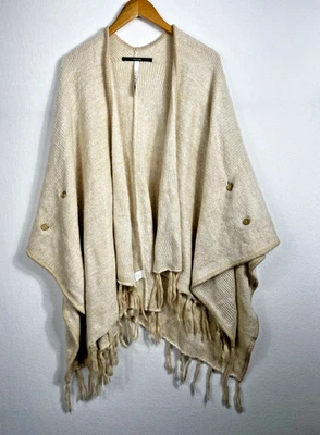 Suéter Kensie Talla Única Cárdigan Tejido Poncho Flecos Dobladillo Crema Mujer Foto 1 de 4