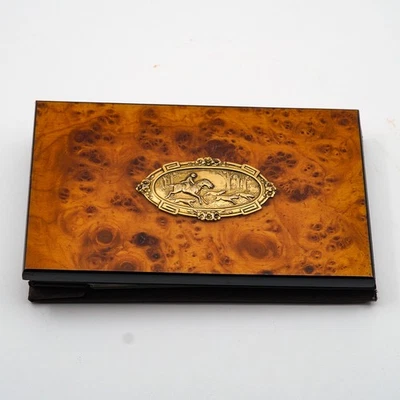 Vintage photo album faux burl wood cover brass hunt scene medallion 7" holds 3x5 - Image 1 of 4