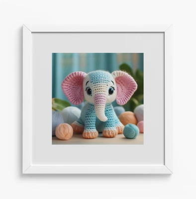 Framed Cute Yarn Elephant Print 12x12" White Wooden Frame Nursery Kidsroom NEW - Image 1 of 3