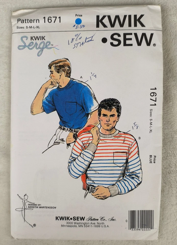 Vintage 80s Kwik Sew Pattern 1671 Men's T-Shirts Serge S M L XL Uncut - Image 1 of 3