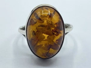 Anillo vintage de plata de ley y cabujón ámbar báltico talla R (T774) - Imagen 1 de 7