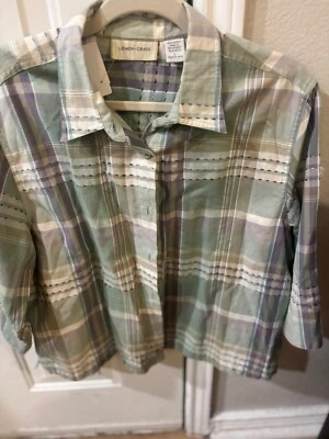 Blusa mujer a cuadros mezcla lino manga larga abotonada hierba limón talla grande” Foto 1 de 2