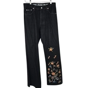 Vintage Express 90s Y2K Black Denim Bootcut Jeans 9/10 Floral Embroidered - Picture 1 of 8