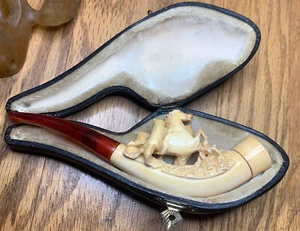 Vintage Meerschaum Pferd und Wölfe Pfeife mit Originaletui - Bild 1 von 12