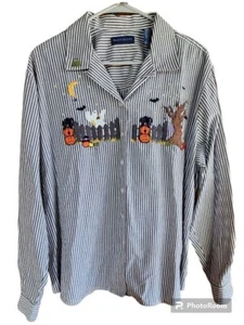XL Karen Scott Embroidered Fall Halloween Button Down Grey Striped Collar Shirt - Picture 1 of 13