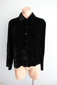 Vintage 90s Country Road Womens Blouse Top M Black Crushed Velvet Collar Button