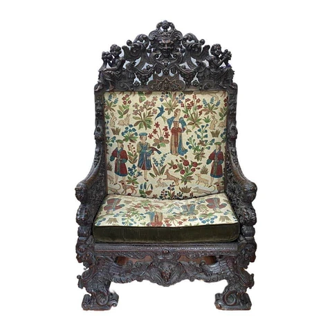 Antique 18th-19th Century Palatial Carved Medieval Throne Floral Style Armchair Cover