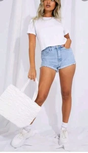 🆕️ American Bazi Women's Light Blue Frayed Hem Denim Cutoff Shorts - Picture 1 of 8
