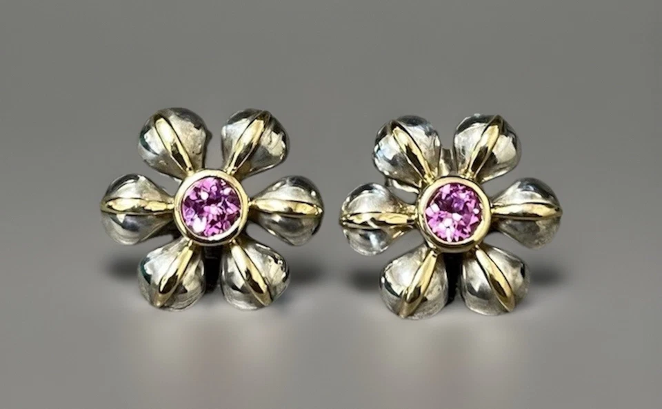 18k Gold & .925 Sterling Silver Pink tourmaline Flower Pedal Earring Studs  - Image 1 of 4