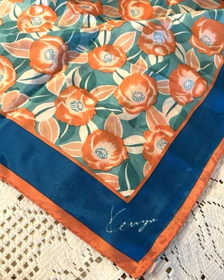 KENZO Blue & Orange Floral Silk Scarf 26" x 26" Square - Image 1 of 4