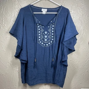 Blusa campesina borlada con borla azul Liz Claiborne cuello en V para mujer talla grande - Imagen 1 de 5