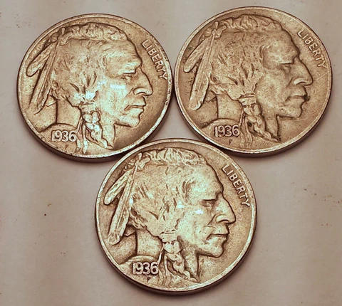 3 PIECE LOT 1936 P D S Buffalo Nickel Set Nice VF+ FREE SHIPPING! Cover