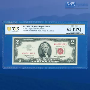 Fr.1513 1963 $2 Two Dollars Legal Tender Note Red Seal, PCGS GEM 65 PPQ #92969 - Picture 1 of 2