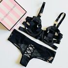 34D MEDIUM Victoria’s Secret black harness unlined bra set cheeky bow panties