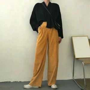 Women's Lady Corduroy Pants Trousers Loose Casual High Waist Retro Long Fashion - Picture 1 of 11
