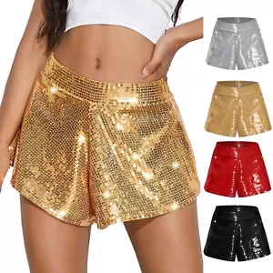 Women's High Elastic Waist Glitter Sequins Shorts Sparkly Wide Leg Party Shorts - Picture 1 of 36