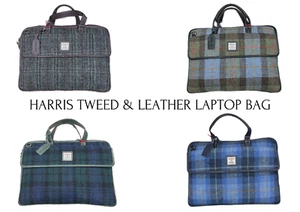*SALE* Harris Tweed Laptop Bag - Genuine Leather & Wool - Green/Grey/Blue/Black - Picture 1 of 4