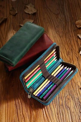 Estuche para lápices de cuero de vaca vintage bolsa con cremallera para escuela oficina hombres regalo Foto 1 de 4