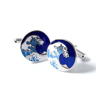 Эмалированные запонки Cloisonne Hokusai нержавеющая сталь 18x18 мм новые без коробки - Изображение 1 из 4