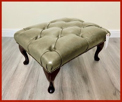 Chesterfield Buttoned Queen Anne Beige Faux Leather Footstool - Image 1 of 4