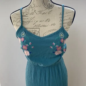 Maxi Abito Ricamato Quattordicesimo Posto Taglia S Teal Floreale Spaghetti Spalline - Foto 1 di 11