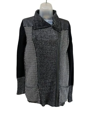 WHITE + WARREN Cotton Knit Moto Jacket With Leather Trim Black & White Size Smal - Image 1 of 4