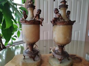 Pair of Antique Vintage Marble Onyx Brass Cherub Figurines Table Lamps