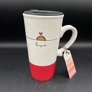 Sheffield Home Coffee Mug with Lid - Red Speckled with Rainbow & Heart "love" - Picture 1 of 8
