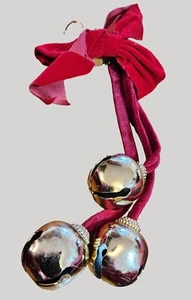 Red Velvet Ribbon and Bow w Gold Jingle Bells Ornament Decoration 13 inch long - Picture 1 of 3