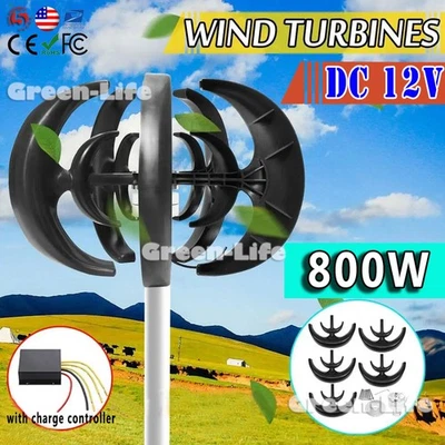 Kit Generador Turbina Eólica 800W Vertical DC 12V Molino de Viento Hogar Energía Eólica EE. UU. Foto 1 de 4