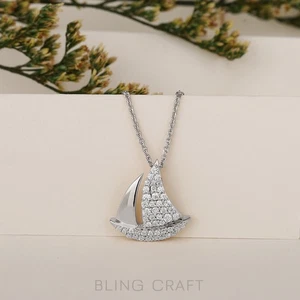 Colgante de velero para mujer Moissanite real enchapado en oro de 14k corte redondo con cadena - Imagen 1 de 15