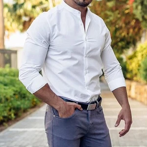 Mens Slim Fit Stretch Collarless Muscle Dress Shirts Long Sleeve Button Shirt - Picture 1 of 25