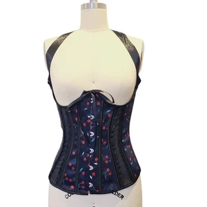 NWOT Adore Me Under Bust Corset Waist Cincher Cherries Lace-up Black Medium - Picture 1 of 4