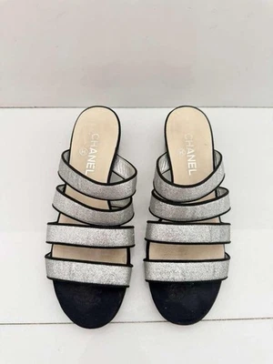 CHANEL Silver And Black Logo Mules With Low Block Heel 39.5/9.5 - Image 1 of 4
