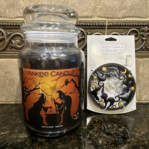 YANKEE CANDLE "WITCHES BREW" LARGE JAR CANDLE & BLACK CATS w/BATS ILLUMA-LID NEW - Picture 1 of 10