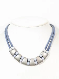 Retro Boho Blue Double Cord Silver Tone Tribal Western Choker 17 inches - Picture 1 of 9
