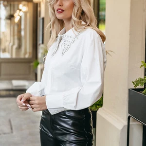 Damen Bluse Hemd Langarm Hemdbluse Businessbluse Strasskragen Perlen Weiß L 40 - Bild 1 von 7
