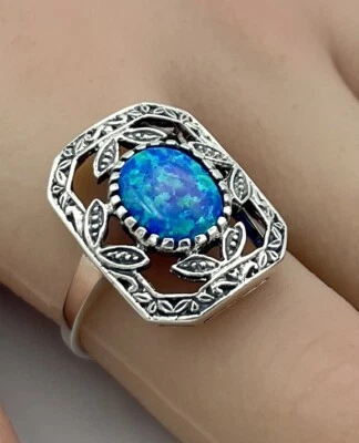 ANILLO ÓPALO DE FUEGO AZUL CREADO EN LABORATORIO PLATA ESTERLINA SÓLIDA 925 ESTILO ANTIGUO 1048z Foto 1 de 4