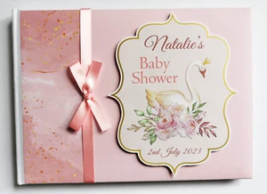 Swan princess baby shower guest book, pink and gold swan and roses baby shower - Picture 1 of 3