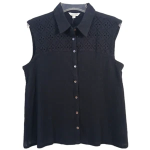 NEW Lucky Brand Sleeveless Top Shirt Womens Small Sheer Black Button Down Blouse - Picture 1 of 11