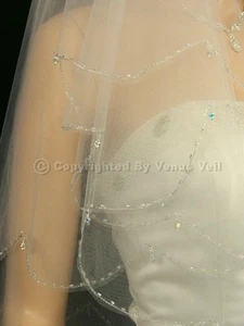 2T Ivory Bridal Elbow Length AB Crystal Beaded Scalloped Edge Wedding Veil - Picture 1 of 4