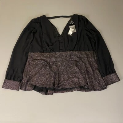 City Chic Sparkle Peplum Top Blouse V-Neck Long Sleeve Black XL New NWT - Image 1 of 4
