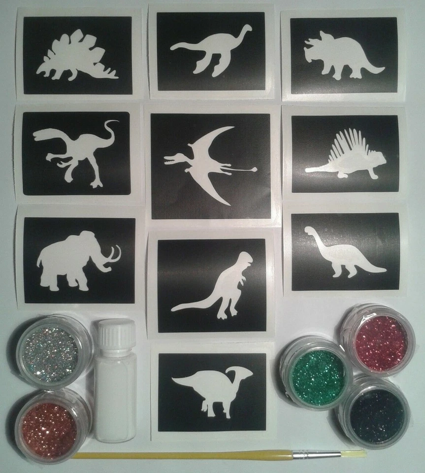 DAZZLE GLITTER TATTOOS Dinosaur themed glitter temporary tattoo set inc. stencils + glitter + glue