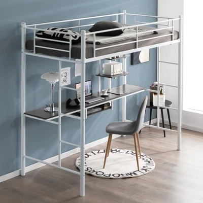 3.5FT Single Metal Loft Bed Frame High Sleeper Bunk Bed W/ Desk Storage Shelves - Image 1 of 4