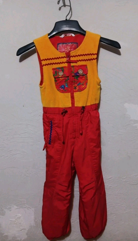 Vintage Obermeyer Kids Ski Snow Bib Overalls Red Yellow Size 4 Winter Gear - Image 1 of 4