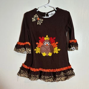 Rare Editions Girls Brown Turkey Applique Dress Leopard Ruffle Trim 3T - Picture 1 of 4